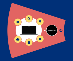 Infographic for Mission Five of the Strategy - graphic of laptop with bubbles of icons related to digital such as settings wheel cog, wireless, magnifying glass, padlock, cloud, envelope
