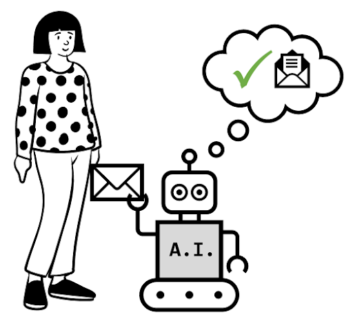 Graphic image of woman next to a robot holding an envelope, speech cloud from robot with a tick and an open envelope in.