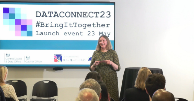 Photo of Sue Bateman presenting at the DataConnect23 launch.