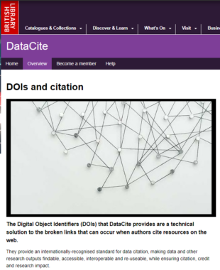 Image of DataCite web article stating DOIs and citation