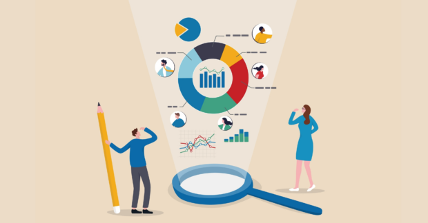 business people look at magnify market data chart and graph.