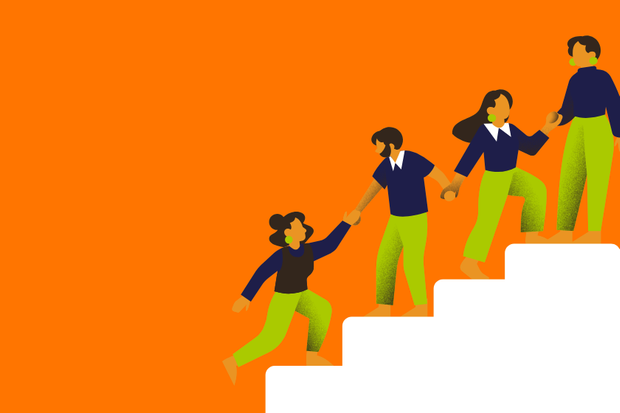 An orange background, in the bottom white corner there are four white steps with four people in lime green pants and navy tops, helping each other up