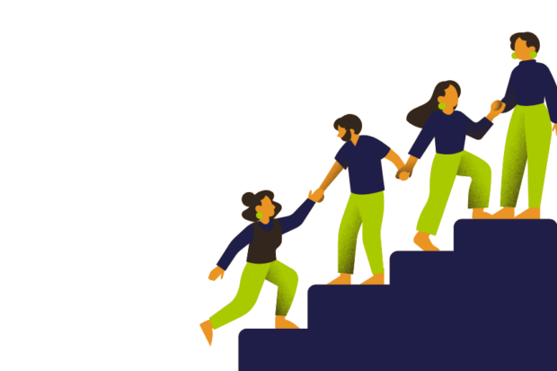 four navy steps in the corner, four people in lime green pants and navy tops, helping each other up the steps
